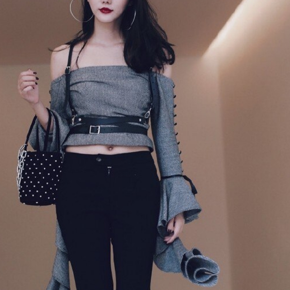 Adjustable Black Faux Leather Body Harness Belt